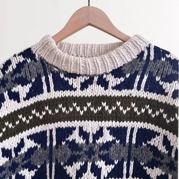 Vintage 100% Wool Scandi Nordic Sweater Cabincore Apres Ski Blue Cream Fair Isle - Picture 7 of 10
